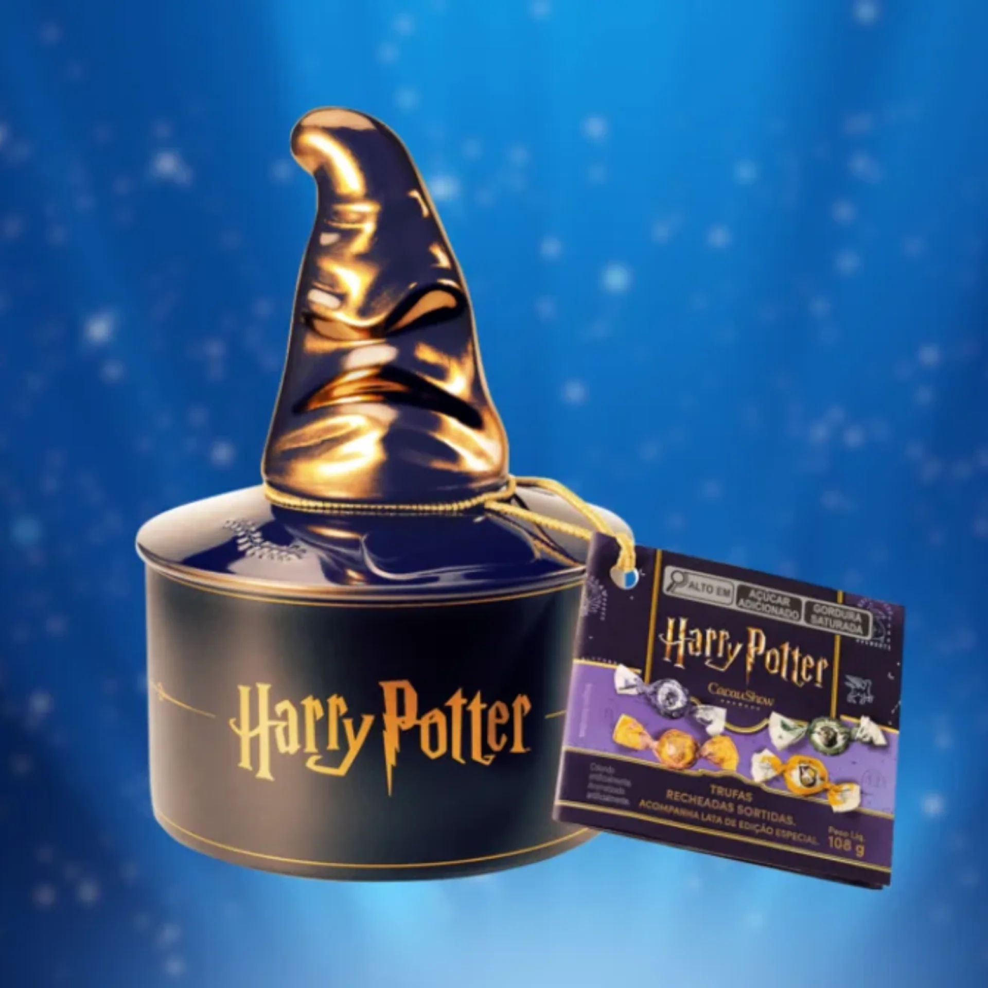 Lata de chocolate da Cacau Show com formato do chapeu seletor do filme Harry Potter